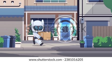 Robot delivers a cardboard box to the address. Artificial intelligence bot assistant carries the package to the location. Flat vector illustration