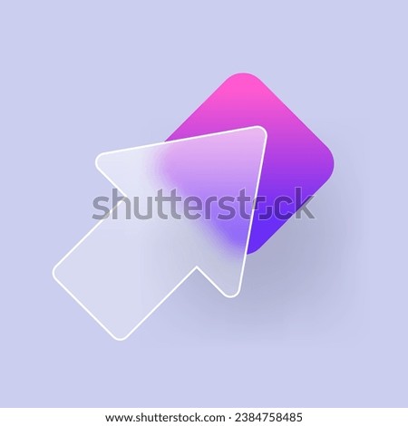 Diagonal arrow right up with glassmorphism effect. Pointer direction glass icon. Vector illustration