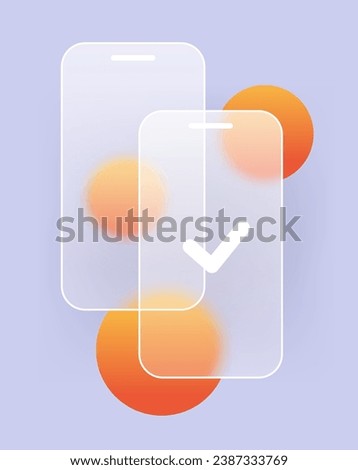 Two phones synchronizing glass icon. Smartphones transparent glassmorphism abstract design