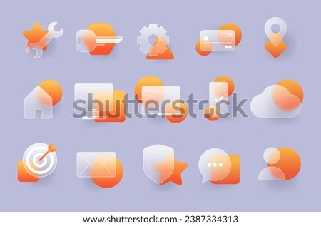 Glass transparent business icons set. Glassmorphism vector icons for interface