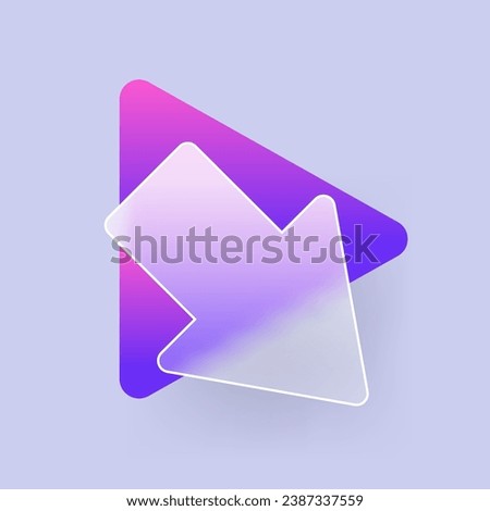 Diagonal arrow right down with glassmorphism effect. Transparent pointer direction glass icon. Vector illustration