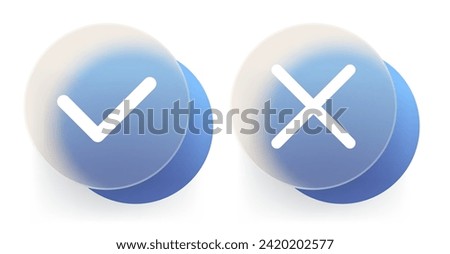 Check mark and cancel cross glassmorphism icons on isolated background. Vector illustration