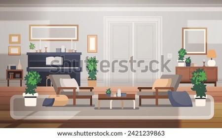 Interior of spacious bright room for relaxing or meeting guests. Flat vector illustration