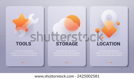 Abstract Mobile tools and storage app pages in glassmorphism style. Vertical banners set.