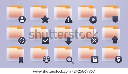 Glassmorphism folders icon set on gray backgroind. Vector elements illustration