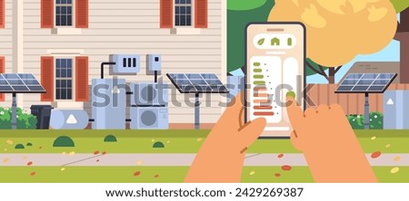 Heat pump control with smartphone. Home green technologies flat illustration