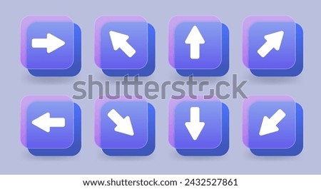 Glass morphism buttons set with direction way arrows. Vector element illustration