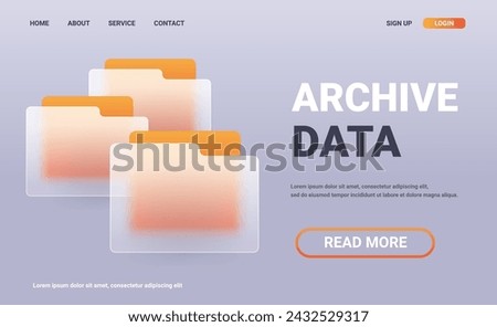 Glass morphism archive data service horizontal landing page. Glass document storage vector illustration