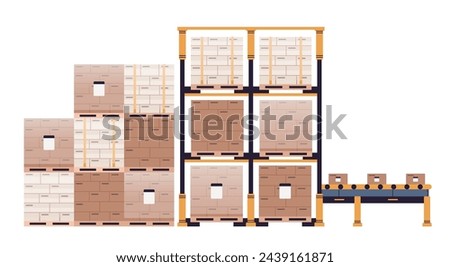 Automated warehouse storage shelf with conveyor belt. Automatization innovation flat vector illustration