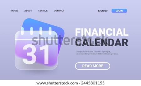 Financial calendar horizontal landing page. Glass morphism money technology service