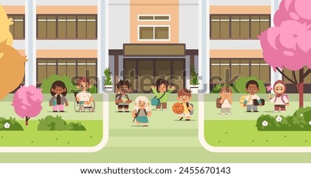 Happy school students on school yard. Educational institution flat vector illustration