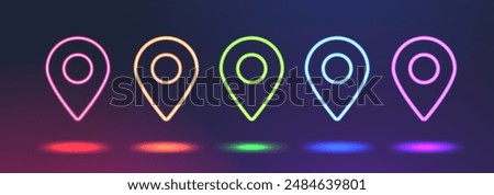 Set of bright neon marker location of different direction. Glowing linear map pins. Vector icon Illustration