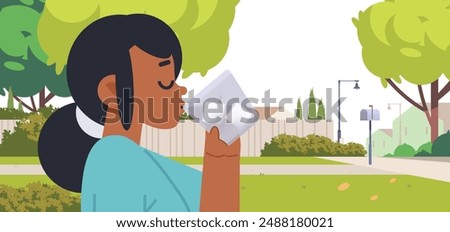 Young African American girl drink cold clear water on house yard. Hot weather flat vector illustration