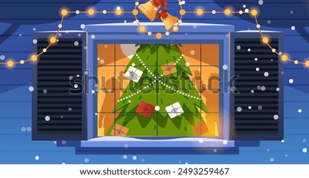 Christmas night exterior composition. Living room view with Christmas tree through window. Flat vector illustration