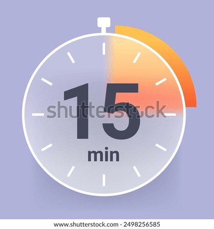 Fifteen minutes clock icon in glass morphism style. Vector illustration