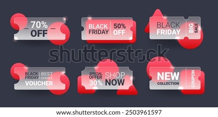 Set of glass morphism Black Friday discount tickets and vouchers on dark background. Vector sale badge template