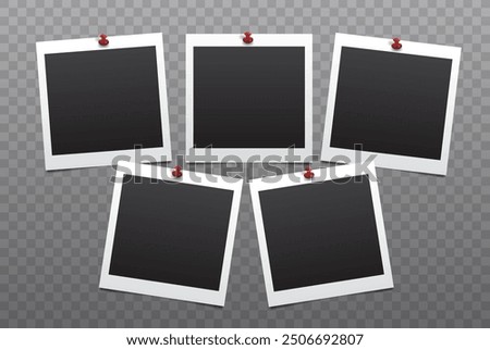 Five realistic blank attached square photo frames on dark transparent background. Vector template illustration