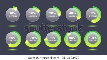 Round glass morphism charging level indicator set. Green battery power vector sign on dark background