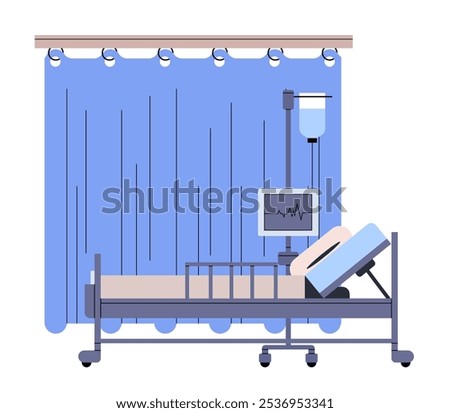 Simple hospital bed with curtain partition. Empty medical place for the patient