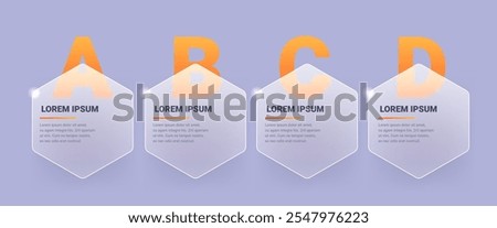 Four variants hexagon Glass morphism business infographic template. Vector mockup illustration