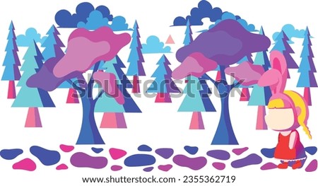 cute colorful walking child in red riding hood dress, woods trees mountain view background image, wonderful view illustration drawing, vector stock images