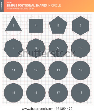 Geometry. Polygons. Simple polygonal shapes in circle with professional grid. Graphic figures for design. Set of mathematical forms with different angles. Objects of minimal elementary geometric art.
