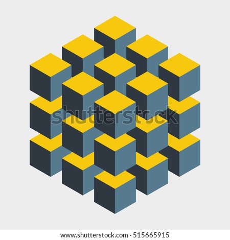 Big illusive cube constructed of many blocks. Isometric cubes for 3d designing. Mathematical object with mental trick. Optical illusion of brain. Symbol with three-dimensional effect. Imp art.