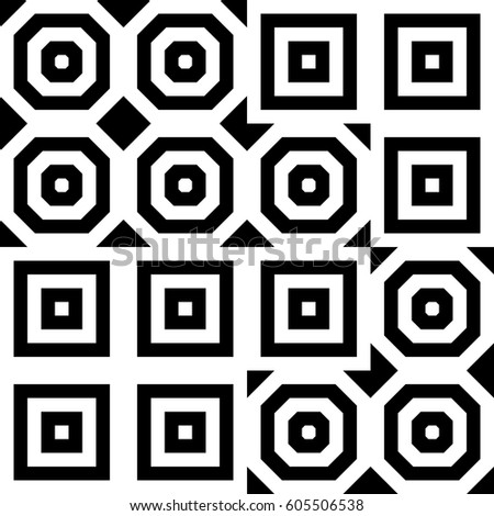 Vector seamless pattern. Geometric ornament, design template with striped black white polygons. Background, texture by tetris composition. Decoration for card tile web cover fabric print badge