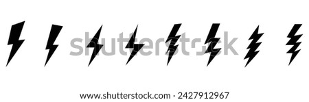 Black lightning icon collection. Bolt, power, thunder, charge, storm symbol. Flash lightning bolt icon set. Electric power symbol. Power energy signs isolated on white background. Vector EPS 10