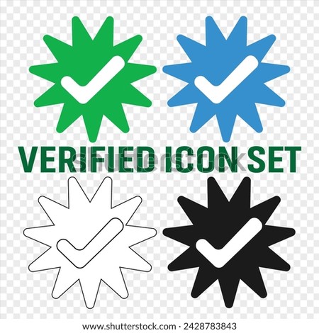 Verification - Guaranteed stamp or verified badge. Blue verified social media account icon. Approved profile sign. Tick in rounded corners star. Top page logo. Check mark. safety person in web. 19