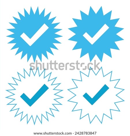 Verification - Guaranteed stamp or verified badge. Blue verified social media account icon. Approved profile sign. Tick in rounded corners star. Top page logo. Check mark. safety person in web. 19