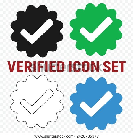 Set of social media verified icons. Tick in circle with zigzag. Instagram check in star. You tube approval sign. Internet top rank stamp. Mark of most popular profile in web. Vector illustration. 19