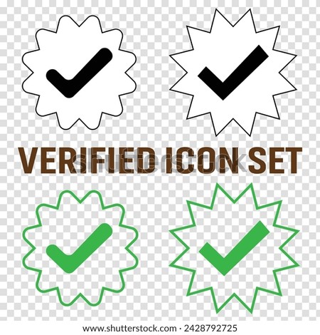 Set of social media verified icons. Tick in circle with zigzag. Instagram check in star. You tube approval sign. Internet top rank stamp. Mark of most popular profile in web. Vector illustration. 19