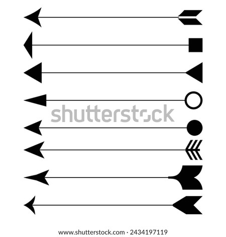 Long arrow vector icon.Straight long arrows set of vector horizontal pointers to the right. Isolated black thin, thick, wave and squiggle, dotted and dashed line arrows pointing to the right. Forward 