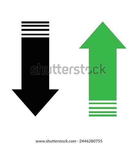 arrows icon, up and down arrows icon vector. Vector illustration.  Upward, downward arrows in green and red isolated on white background, set of two. Flat style eps 10 vector illustration. EPS 10