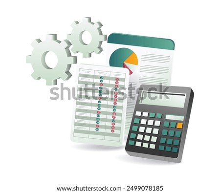 featuring a calculator, sheets of paper, and a calculator with visible gears, symbolizing calculation and mechanics