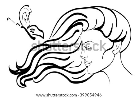 Vector Images Illustrations And Cliparts Beautiful Woman Face With Long Wavy Hair And Butterfly Profile Girl Face Line Drawings Fashion Vector Illustration For Spa Beauty Salon Hairdressing Shampoo Advertisement Hqvectors Com