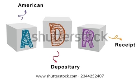 ADR - American Depositary Receipt. Concept with cube, keywords, letters, and icons. Isolated on white background.