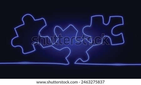 Jigsaw puzzle. Neon. Continuous single line drawing. Pieces of puzzle. Line art. Teamwork. Business solution. Logical thinking. Business, marketing, finance, internet, game challenge, gaming plugin.