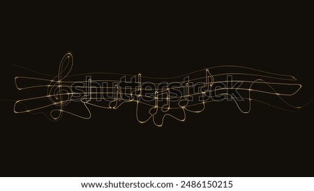 Music. Line art. Music notes. treble clef. Melody, classical music, sound design. Continuous gold Line Drawing. Musical symbols. Musical pentagram sound waves notes. Vector Illustration. Light banner.