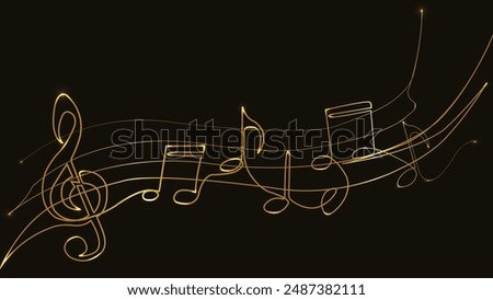 Musical notes. Music sheet. Line art. Musical symbols. Isolated on black background. Gold lines. Glowing music icons. Treble Clef. Music note. Music love. Melody, classical, sound design. Musical art
