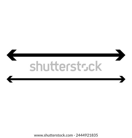 Double arrow vector icons. Horizontal long straight arrow with two left and right pointers. Black width symbol isolated on white background. Vector illustration. Eps file 17.
