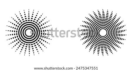 Dot radial circle lines. Circular radiating speed geometric lines. Sun star rays symbol. Vector illustration isolated on white background. EPS file 185.