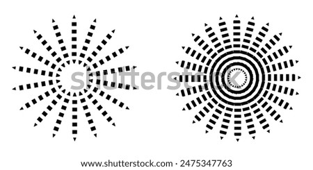 Dot radial circle lines. Circular radiating speed geometric lines. Sun star rays symbol. Vector illustration isolated on white background. EPS file 180.