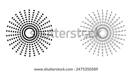 Dot radial circle lines. Sun star rays symbol. Abstract halftone striped design element. Motion lines. Vector illustration. Eps file 184.