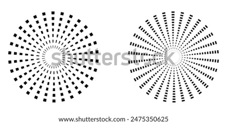 Dot radial circle lines. Sun star rays symbol. Abstract halftone striped design element. Motion lines. Vector illustration. Eps file 182.