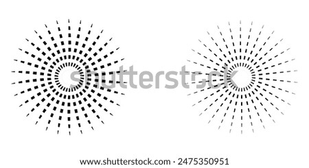 Dot radial circle lines. Sun star rays symbol. Abstract halftone striped design element. Motion lines. Vector illustration. Eps file 183.