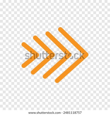 Orange vector chevron arrows pointing right, four arrows in row. road sign for turn. Stock Vector illustration isolated on transparent background. Vector illustration. Eps file 140.