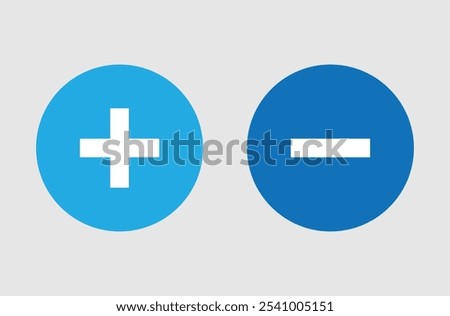 Blue round plus minus icon vector illustration design on grey background. Buttons. Simple color vector illustration. Eps file 44.