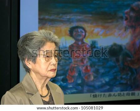HIROSHIMA - MAY 15: Kajimoto Yoshiko nuclear bomb survivor gives a speech against nuclear weapons in front of foreign scientists at May 15, 2012, Hiroshima. The first A-Bomb killed 70 thousand people.
